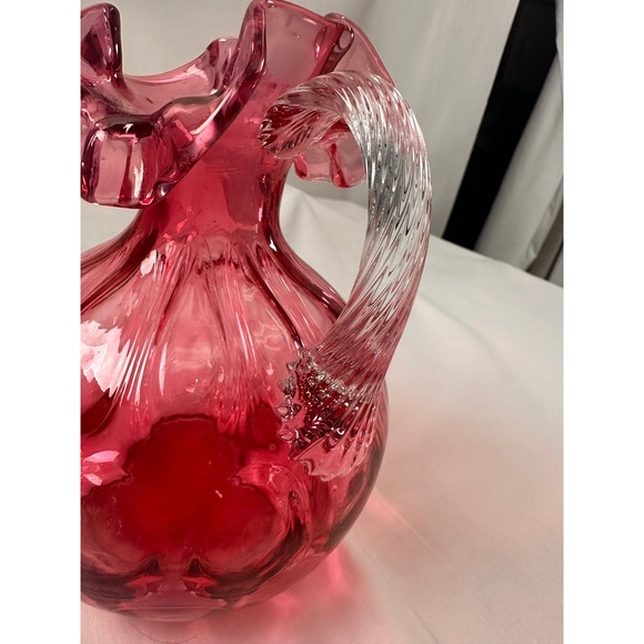 Fenton Cranberry Glass Pitcher Ruffled Rim Applied Reeded Handle Optic Rib Red - Picture 4 of 13